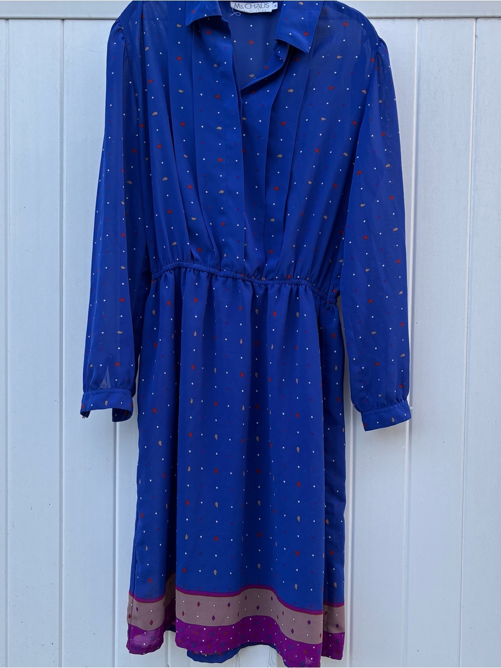 Ms.Chaus Vintage Women’s Dress Blue Purple 80s Retro Long Sleeve Casual Sz 16